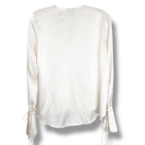 W by Worth 100% Silk Cream Faux Wrap V-Neck Blouse Bell Tie Sleeves Women’s 4 - Picture 3 of 7